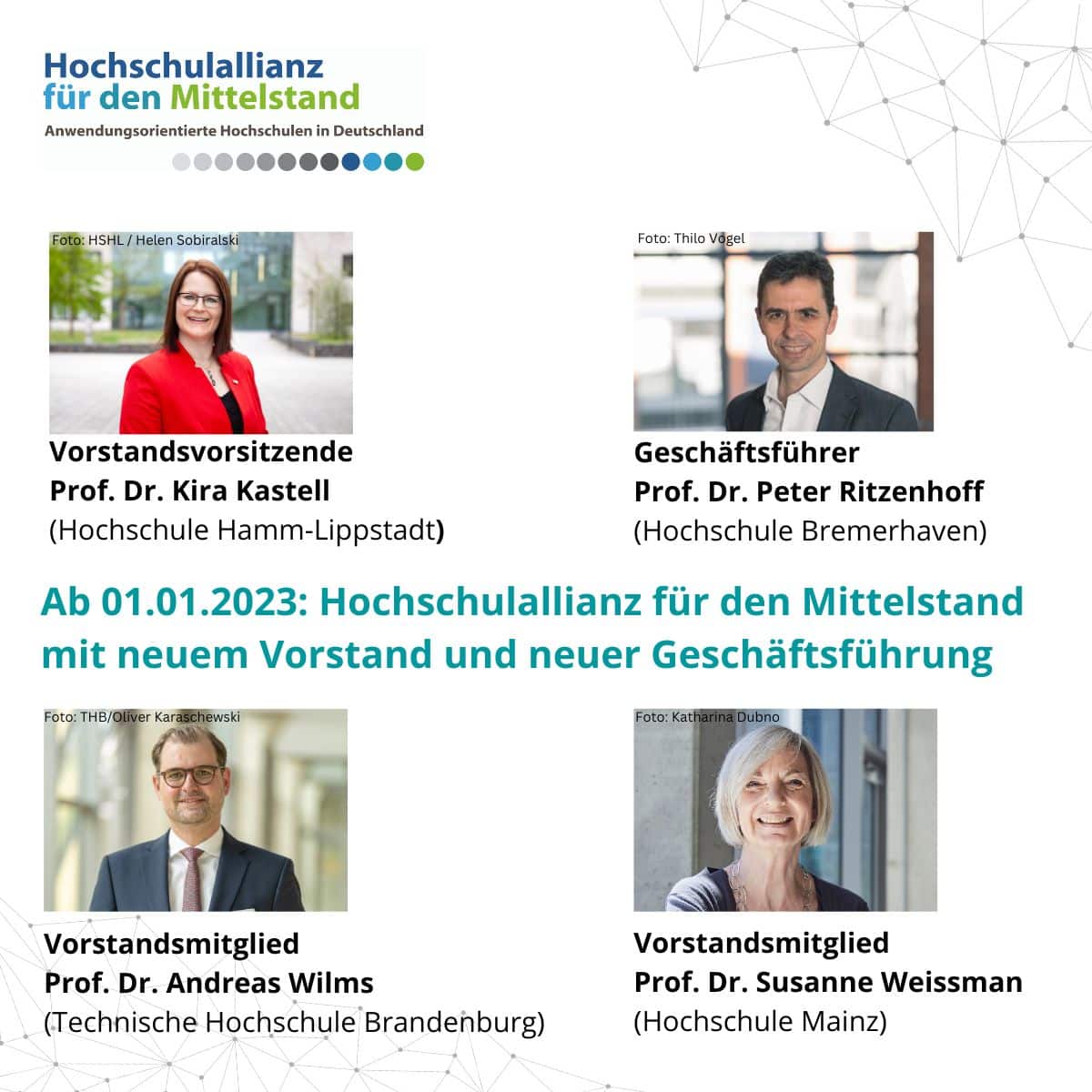 Der neu gewählte HAfM - Vorstand: Prof. Dr. Kira Kastell, Prof. Dr. Andreas Wilms und Prof. Dr. Susanne Weissman zusammen mit dem Geschäftsführer Prof. Dr. Peter Ritzenhoff